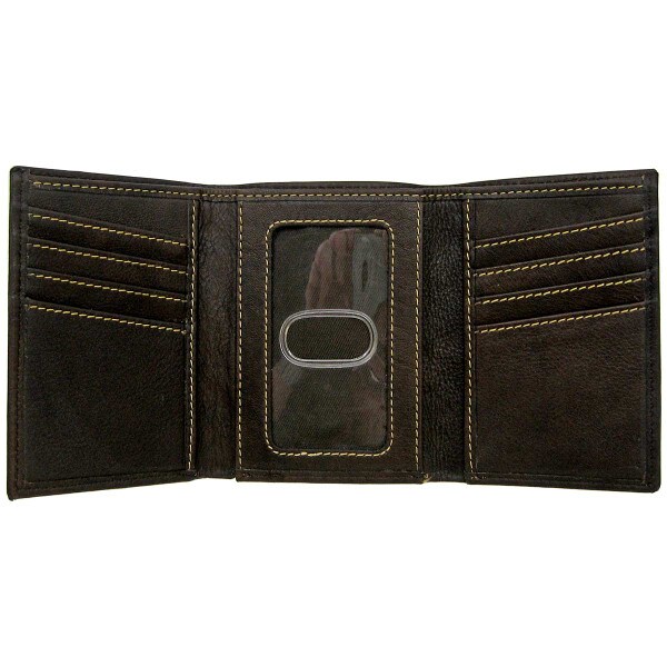 open interior view of coffee colored leather tri-fold wallet